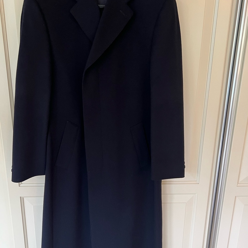 Elegant Men's Dark Blueish Black 100% Cashmere Top Coat. 
Three hidden buttons.